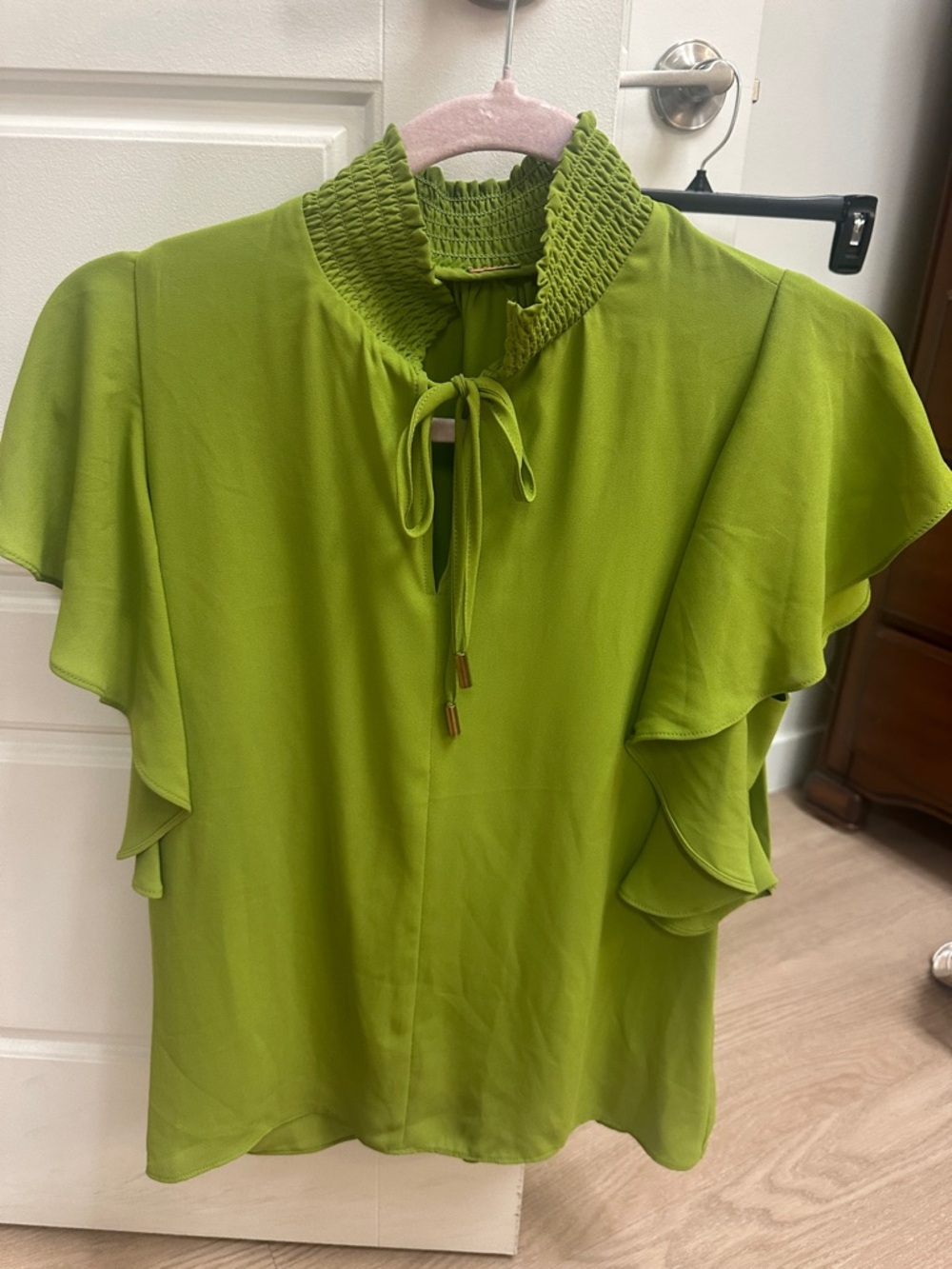 Tahari Lime Green Smocked Tie-Neck Flutter Sleeve Blouse